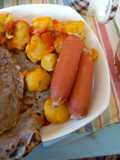 Vanilla flavoured pancake, viazi karai, smokies & tarmarid juice