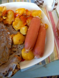 A picture of Vanilla flavoured pancake, viazi karai, smokies & tarmarid juice.