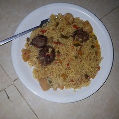 Noodles with veggies and minced meat balls A picture of Noodles with veggies and minced meat balls.