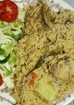 A picture of Chicken yakhni pulao.