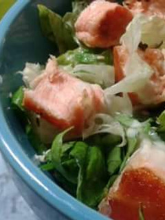 A picture of Salamon caesar salad.