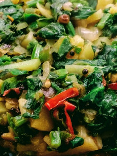 A picture of Palak Saag and veggies curry.
