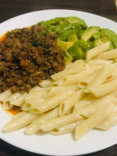 A picture of Pasta +mince meat stew.
