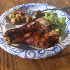 A picture of Bbq chicken legs and roasted potatoes.