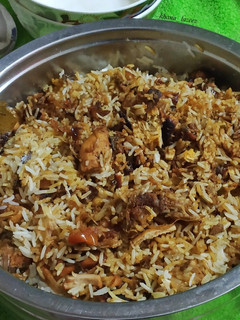 A picture of Hyderabadi chicken biryani.