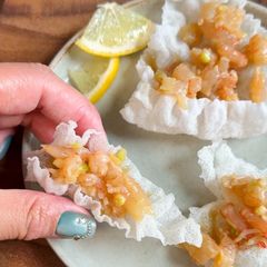 A picture of Sweet Shrimp Poke on Rice Paper Chips.