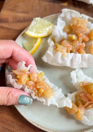 A picture of Sweet Shrimp Poke on Rice Paper Chips.