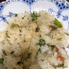 A picture of Pickled plum rice with ooba and sesami.
