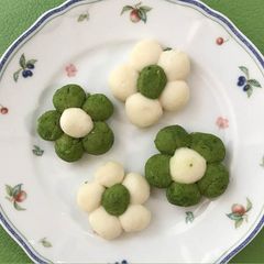 A picture of Soft cookie-like Wagashi with white bean jam & rice flour.
