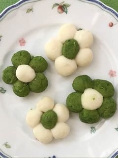 A picture of Soft cookie-like Wagashi with white bean jam & rice flour.