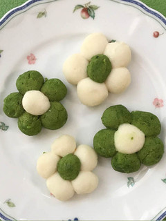 A picture of Soft cookie-like Wagashi with white bean jam & rice flour.