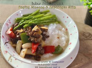 Gambar Bubur Nasi Berlauk Daging Cincang & Asparagus Stim