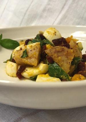 A picture of Taro, Sweet Potato, Cucumber, and Cranberry Salad (with Egg and Fresh Basil).