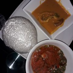 A picture of Tuwo shinkafa, beans soup, okro and stew.