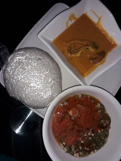 A picture of Tuwo shinkafa, beans soup, okro and stew.