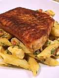 Blackened salmon over smokey mozzarella pasta