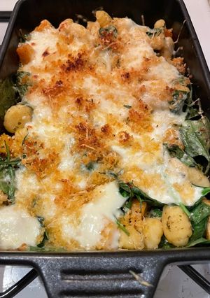A picture of Pesto gnocchi & squash bake.