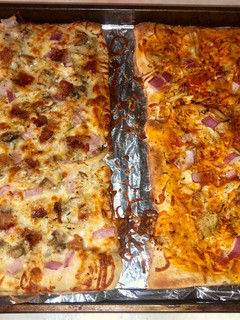 A picture of Chicken bacon ranch & buffalo chicken pizza 🍕 🍗 🥓 🍄 🌶.