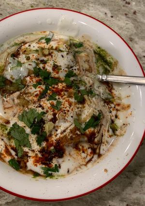 A picture of Soft and Stuffed Dahi Bhalla chaat.