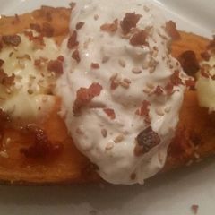A picture of Sesame Baked Sweet Potatoes w/ Roasted Garlic Sour Cream.