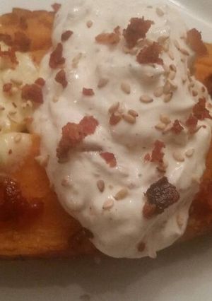 A picture of Sesame Baked Sweet Potatoes w/ Roasted Garlic Sour Cream.