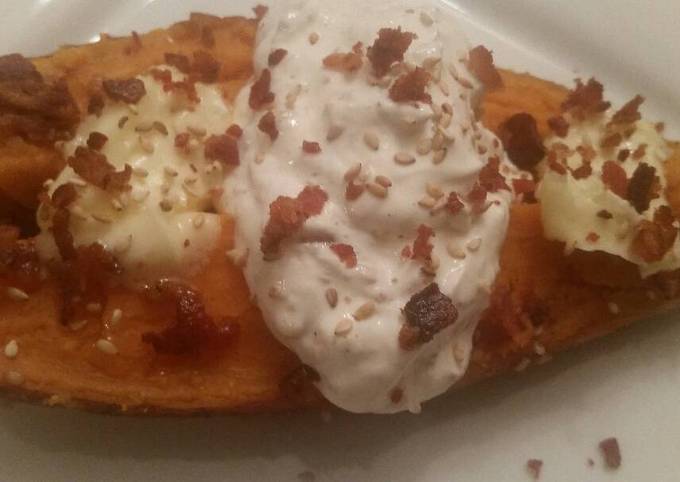 Sesame Baked Sweet Potatoes w/ Roasted Garlic Sour Cream