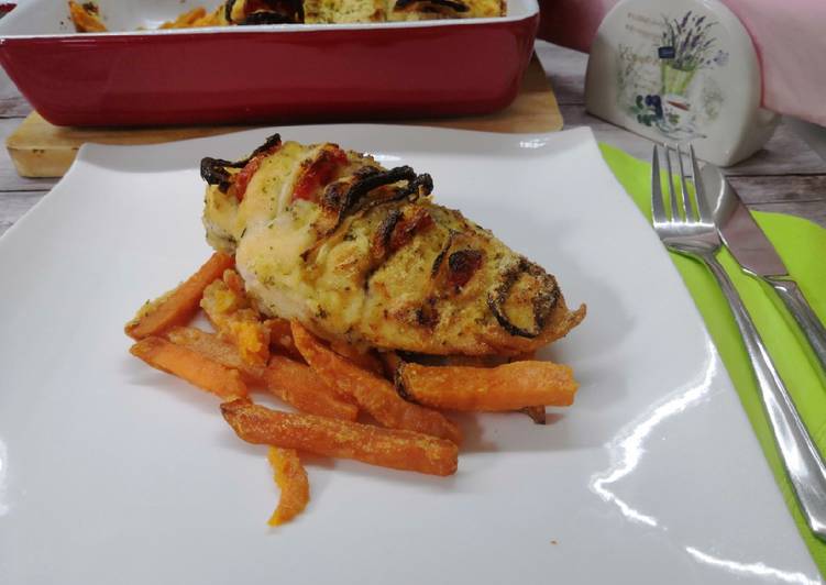 Gluténmentes, zöldséges csirkemell édesburgonya ágyon recept foto