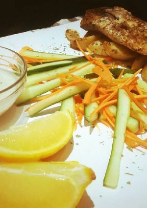 A picture of Tasty grilled hake fillet with roasted potatoes.