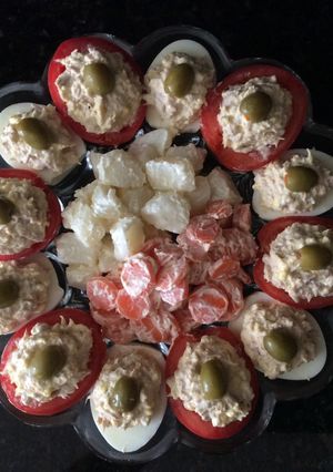 A picture of Stuffed Tomatoes and Deviled Eggs.