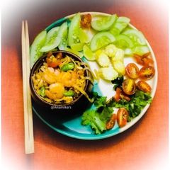 A picture of Spicy Achari Pad Thai with Shrimps & Eggs : An Indo-Thai Fusion Dish.