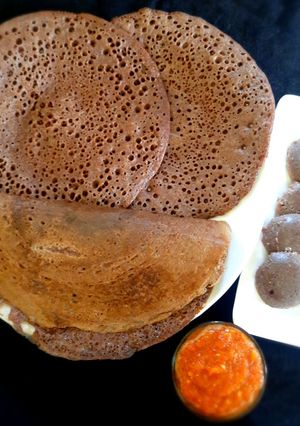 A picture of Sprouted ragi flour crispy dosa, soft and spongy dosa, idly.