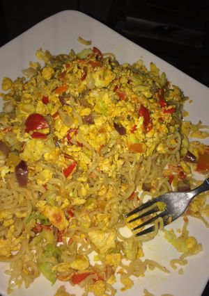 A picture of Scamble Egg Fried With Red Oil & Noodles.