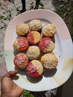 A picture of Coconut vanilla/redvelvet cake.