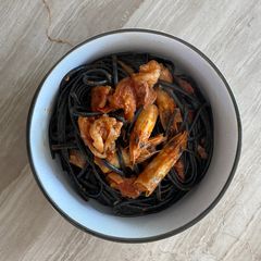 A picture of Squid ink shrimp pasta 🍝.