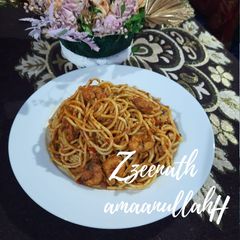 A picture of Red Sauce Spaghetti with Prawns.