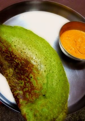 A picture of Palak Dosa with Ginger Chutney.