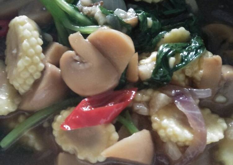 Cara mudah meracik Jamur kancing (champignon) bayam saus tiram Anti Gagal