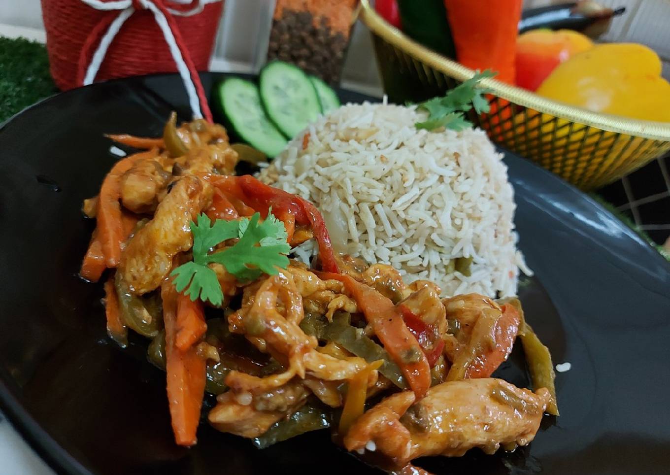 Fried rice with chicken chilli in my style