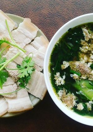 Hình của món Thịt luộc, cà pháo, canh cua rau đay.