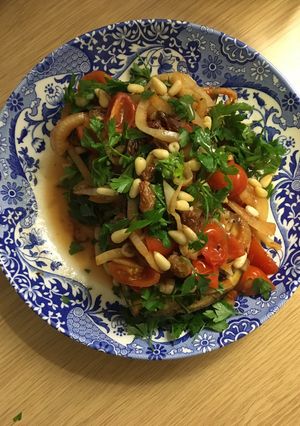 A picture of Roasted Aubergine with Sweet Onions.