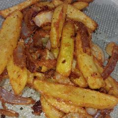 A picture of Fried potatoes finger and onion.
