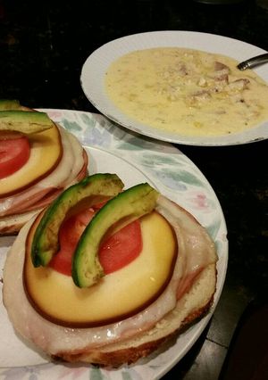 A picture of Brad's open faced sandwich with sausage corn chowder.
