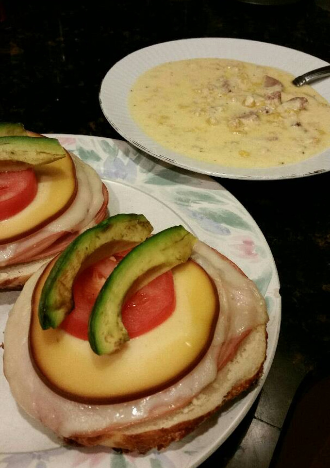 A picture of Brad's open faced sandwich with sausage corn chowder.