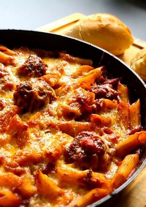 A picture of Smokey Meatball Pasta Bake.