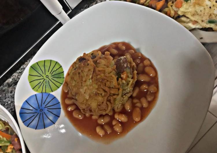 Teach Your Children To Annie&#39;s Noodles croquettes embedded in baked beans