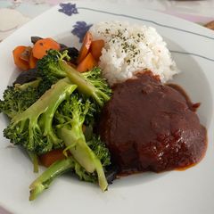 A picture of Meatless hambagu with mixed vegetables.