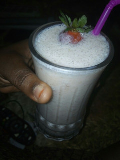 A picture of Banana and strawberry smoothie.