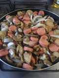 Mushrooms with Bacon, Onion, Turkey Sausage, and Garlic