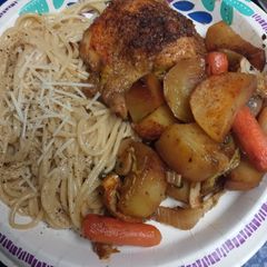 A picture of Chicken, Vegetables, and Cacio e Pepe.