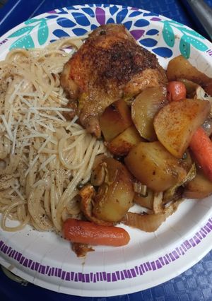 A picture of Chicken, Vegetables, and Cacio e Pepe.